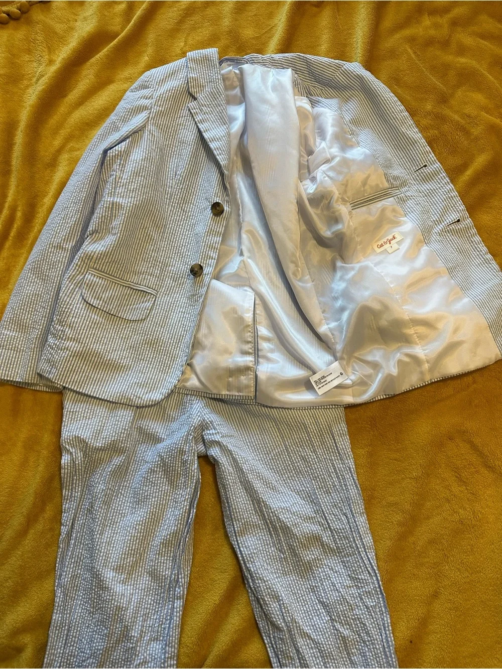 Cat & Jack Boys Seersucker Suit Set Blazer & Pants Light Blue White Size 7